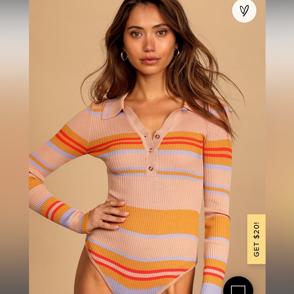 Lulu’s tan multi striped long sleeve bodysuit. Ribbed not, henley inspired